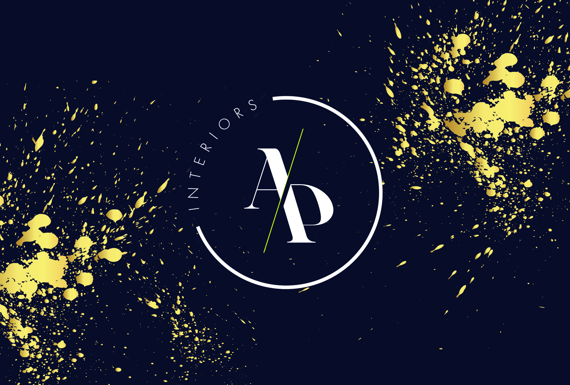 The monogram reversed out of deep navy with chartreuse paint-splatter, used as the brand's primary lockup