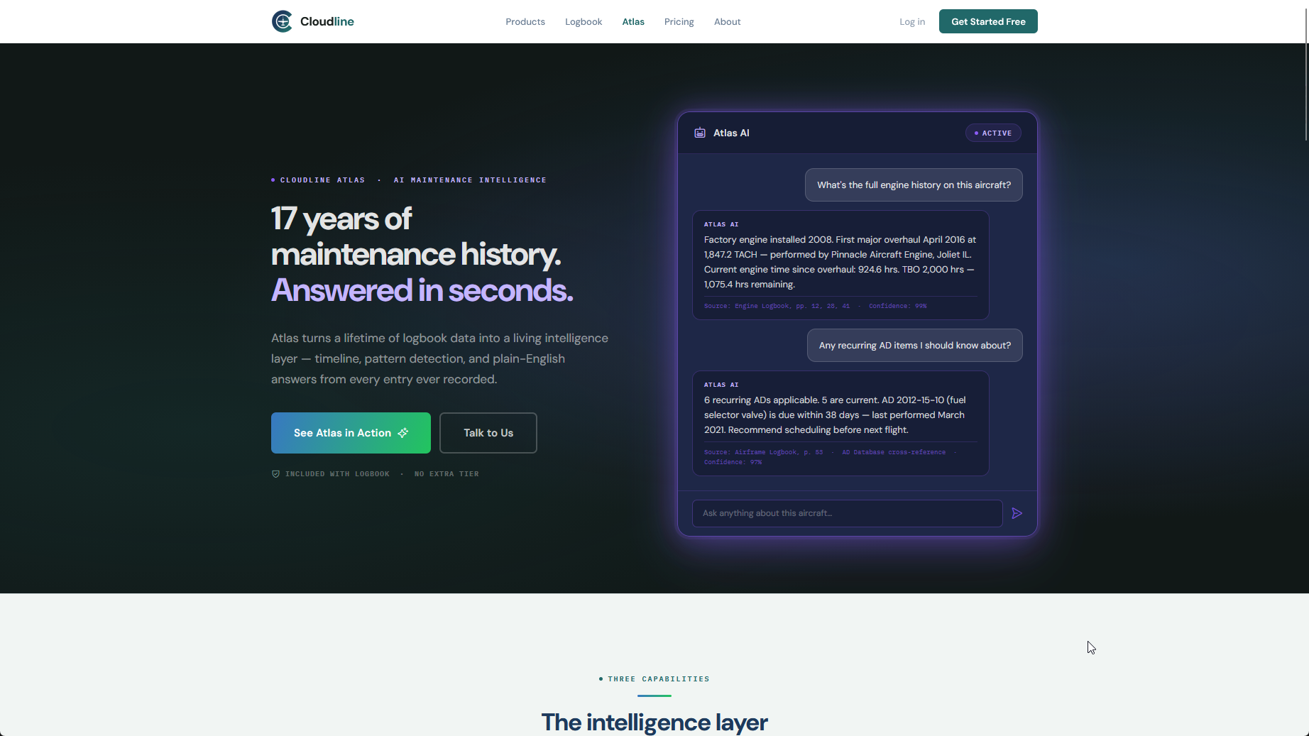 Dark marketing section headed '17 years of maintenance history. Answered in seconds.', showing the Atlas AI conversation panel and captioned 'The intelligence layer'