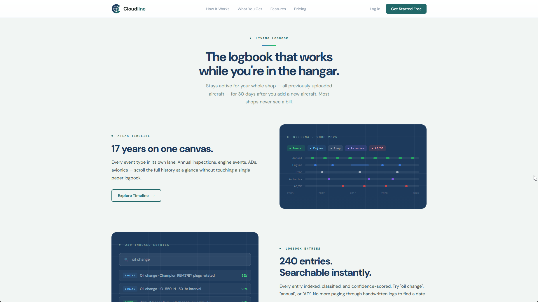 Marketing section headed 'The logbook that works while you're in the hangar', pairing a dark timeline panel labelled '17 years on one canvas' with a search result reading '240 entries. Searchable instantly.'