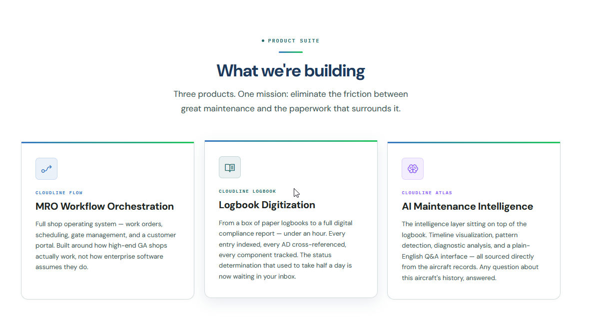 The 'What we're building' section of the site: three product cards for MRO Workflow Orchestration, Logbook Digitization and AI Maintenance Intelligence, under the line 'Three products. One mission: eliminate the friction between great maintenance and the paperwork that surrounds it.'