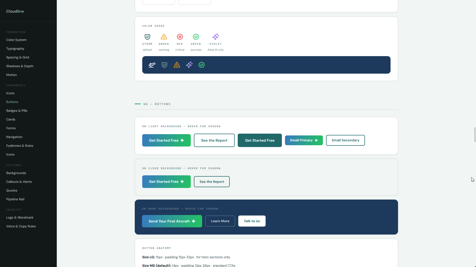 The Cloudline style guide button page, showing primary, secondary and ghost variants at several sizes and states