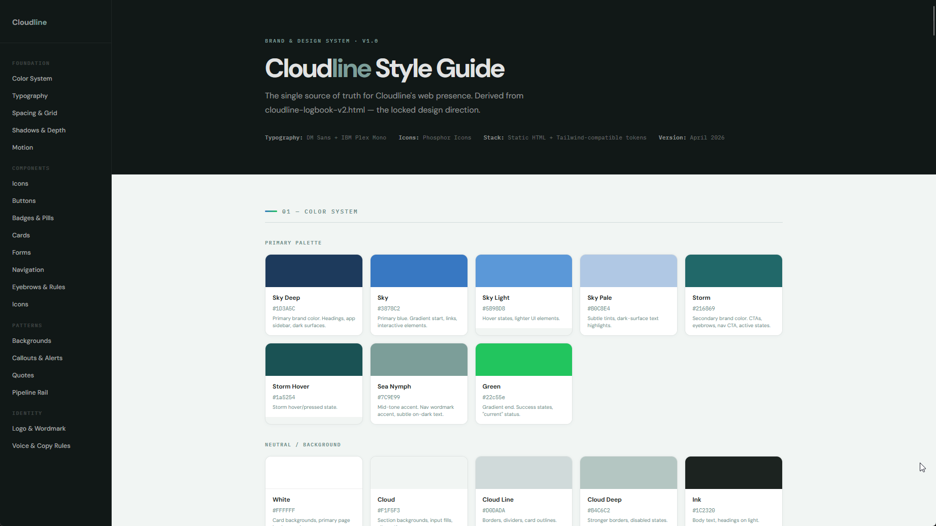 The Cloudline style guide colour page: sky, storm and green token ramps laid out as labelled swatches with a section navigation down the left