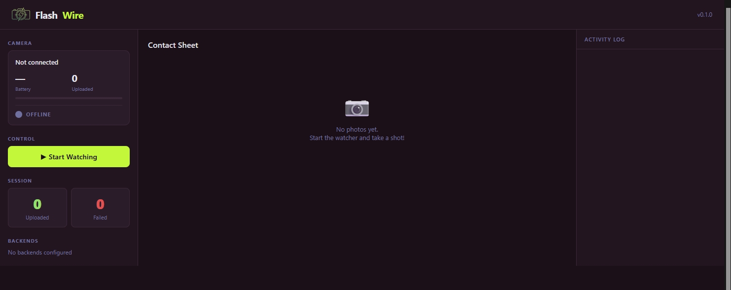 The FlashWire dashboard before a session: camera Not connected, an OFFLINE indicator, a green Start Watching button, zero uploaded and zero failed, and an empty contact sheet reading 'No photos yet. Start the watcher and take a shot!'