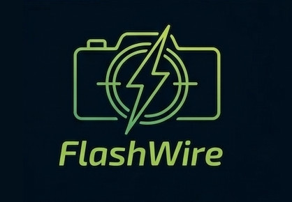 The FlashWire lockup: a camera drawn as a single outline with a lightning bolt struck through its lens, above the wordmark, in acid green on near-black