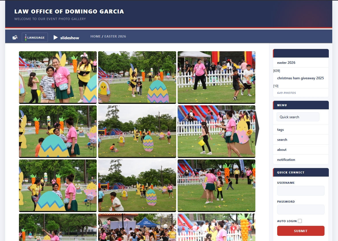 The public Piwigo gallery the photographs land in, headed 'Law Office of Domingo Garcia — welcome to our event photo gallery', showing an album of Easter event pictures with a language switcher, slideshow control and quick search