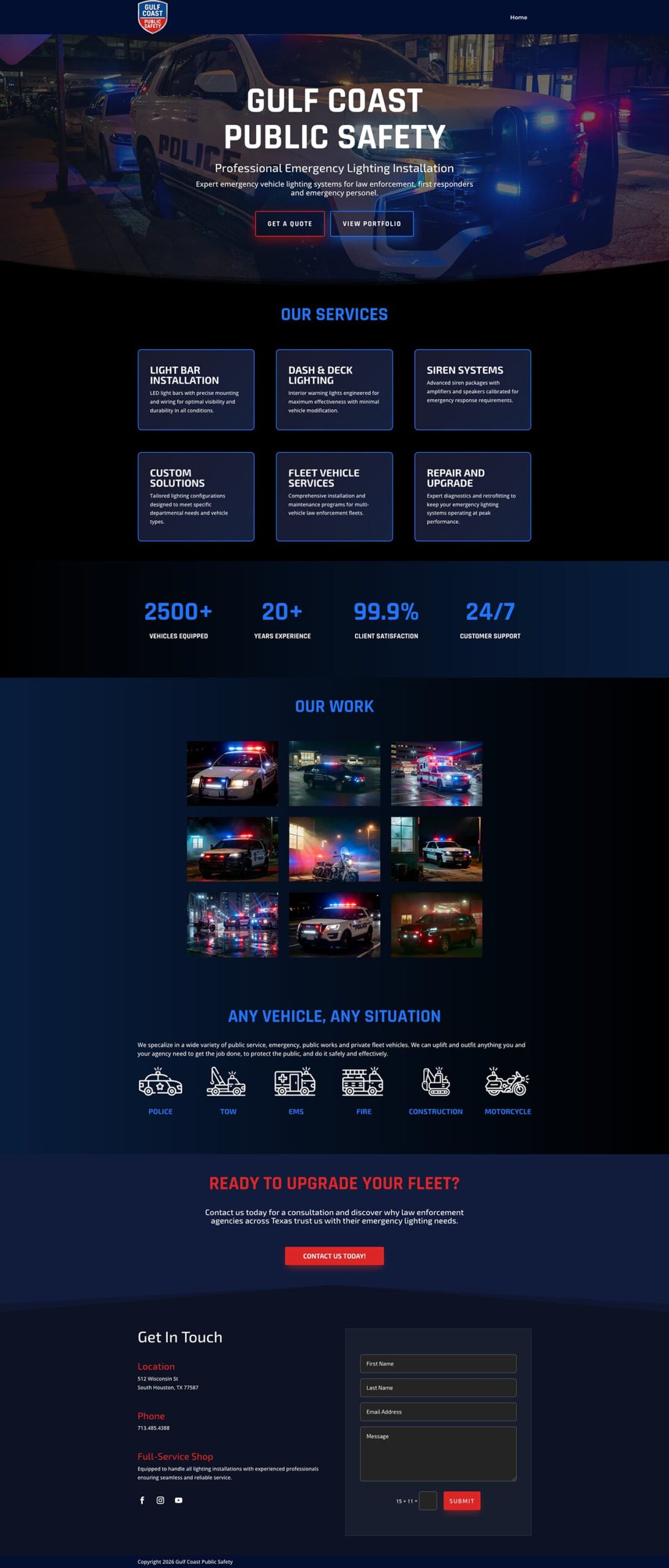 Full-length view of the Gulf Coast Public Safety site, from the dark hero through services, statistics and vehicle gallery to the contact form