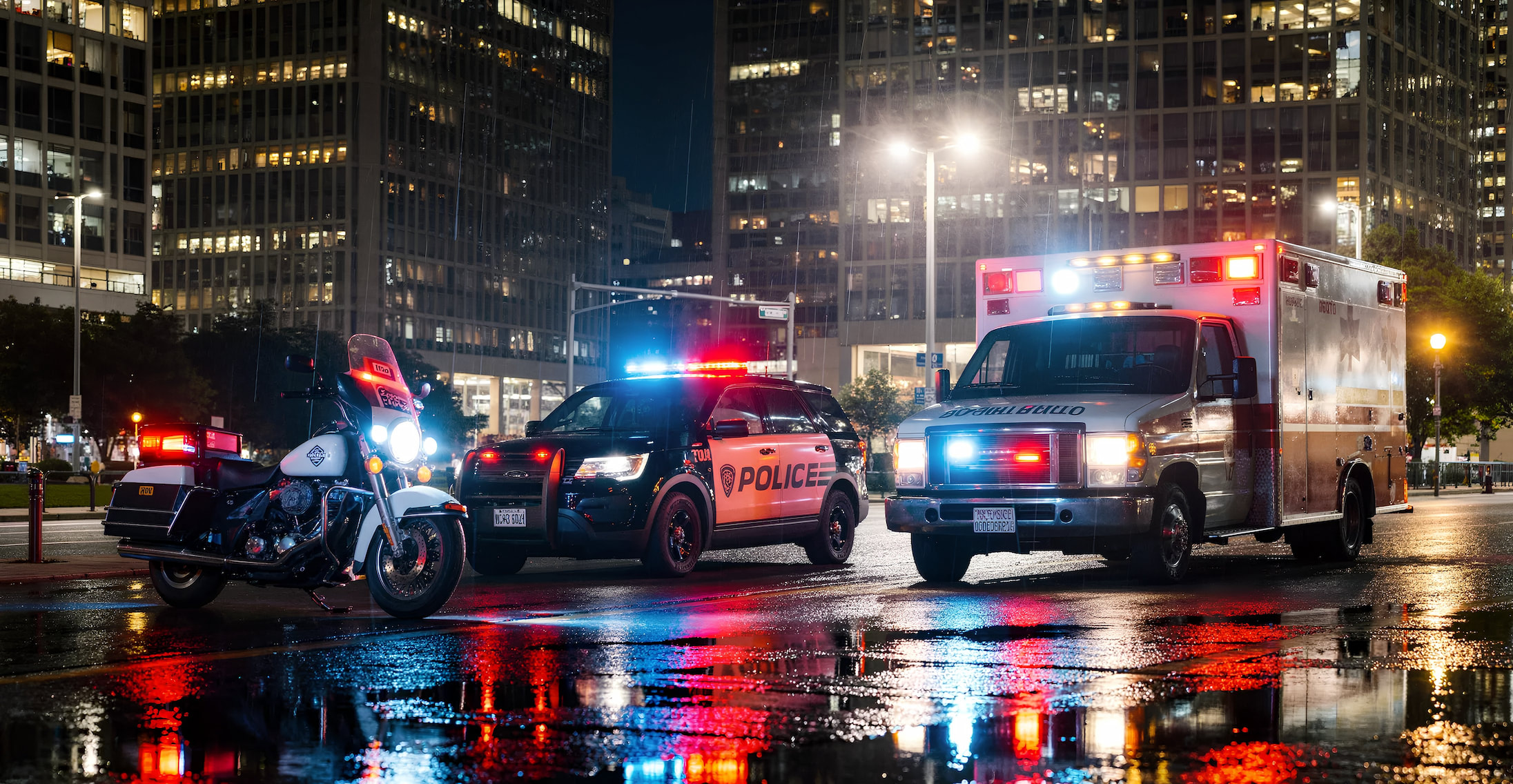 Police cars and an ambulance with light bars running on a wet city street at night, their red and blue reflecting off the road
