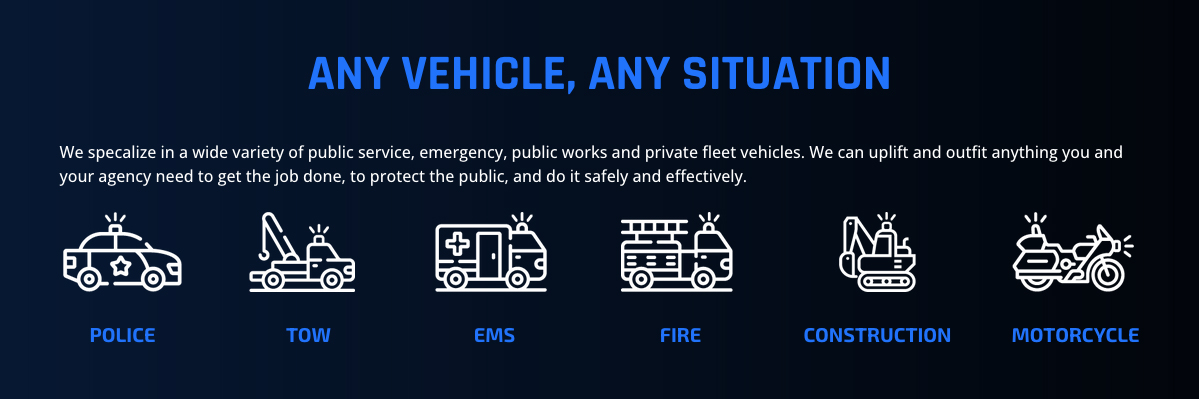 'Any vehicle, any situation' section of the site, with line icons for police, tow, EMS, fire, construction and motorcycle fit-outs
