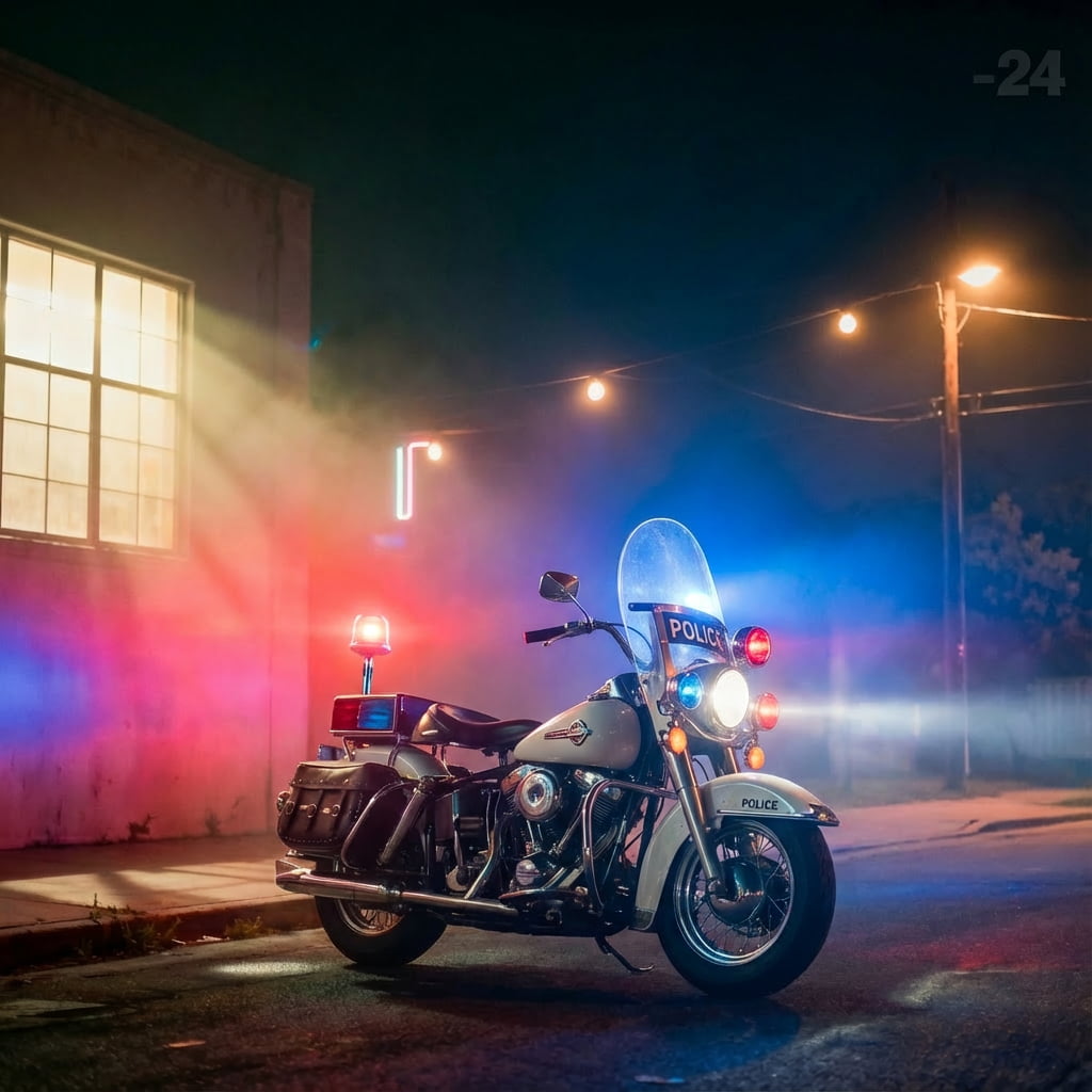 Police motorcycle parked at night, its light bar throwing red and blue across the wall behind it