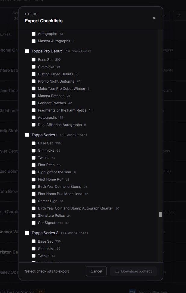 The export dialog, a checkbox tree of sets and sub-sets with per-item card counts, ready to download as a collection file