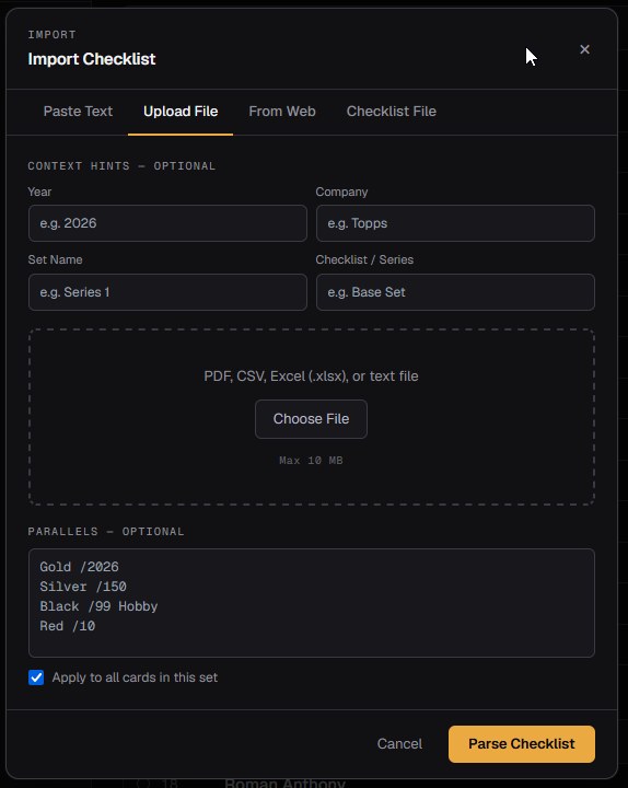 The import dialog on its Upload File tab, taking a PDF, CSV, Excel or text checklist with optional context hints for year, company, set name and parallel print runs