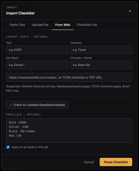 The same import dialog on its From Web tab, accepting a Beckett, Baseballcardpedia or TCDB URL and offering to check for updates