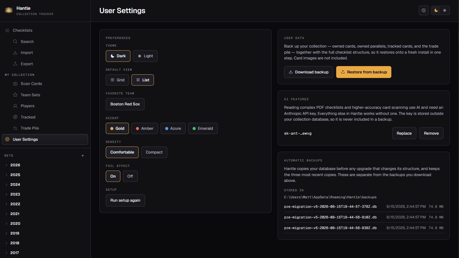 User settings, covering theme, display density, and local backup and restore of the SQLite collection file