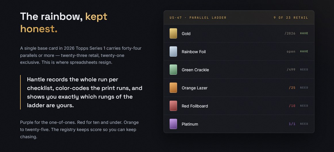 Marketing section 'The rainbow, kept honest', showing a parallel ladder for card US-47 with Gold, Rainbow Foil, Green Crackle, Orange Lazer, Red Foilboard and Platinum, each colour-coded by print run and marked have or need
