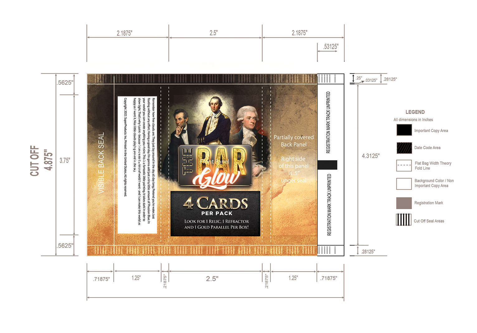 Dieline for the card pack: the printed artwork laid out flat with cut and fold marks and a colour legend