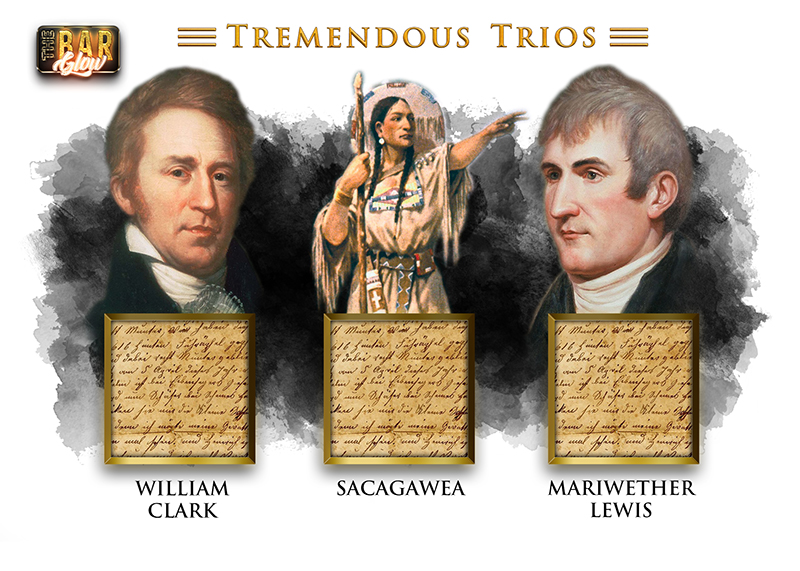 'Tremendous Trios' card featuring William Clark, Sacagawea and Meriwether Lewis, each with a document relic window beneath the portrait