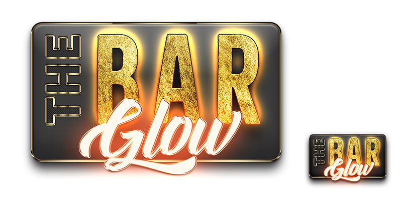 The Bar Glow logo in gilded, glowing lettering, shown at full size and as a small card-corner lockup
