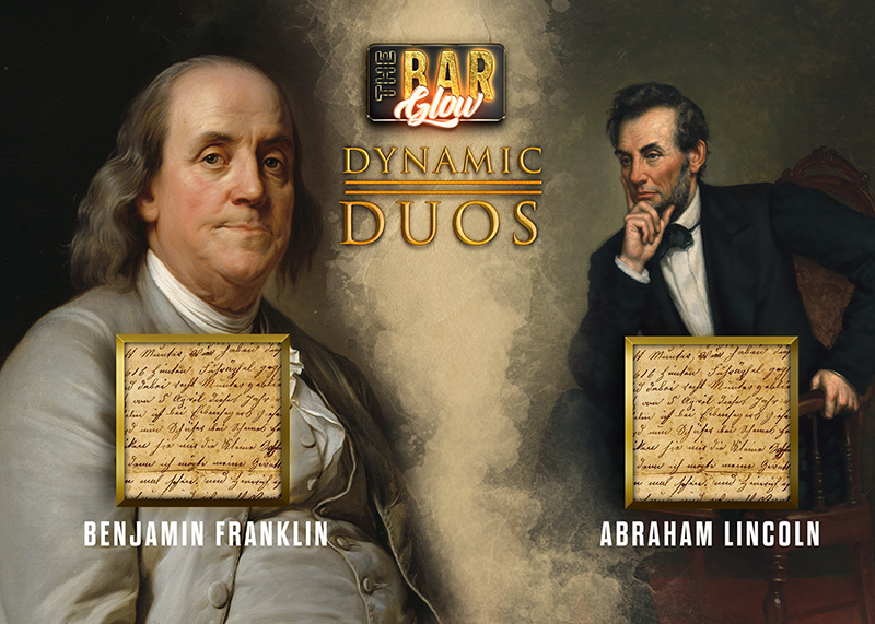 'Dynamic Duos' relic card pairing Benjamin Franklin and Abraham Lincoln, each portrait above a window holding a handwritten document fragment