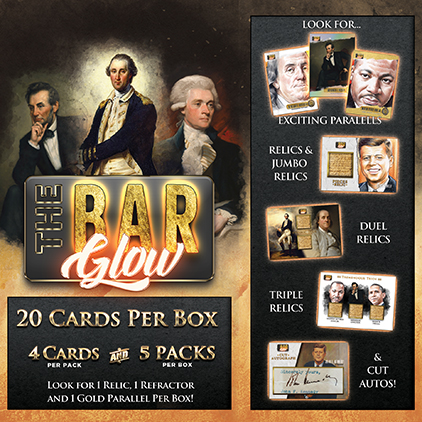 Blaster box design reading '20 cards per box, 4 cards per pack, 5 packs', with a sidebar showing the parallels, relics, duel relics, triple relics and cut autographs to look for