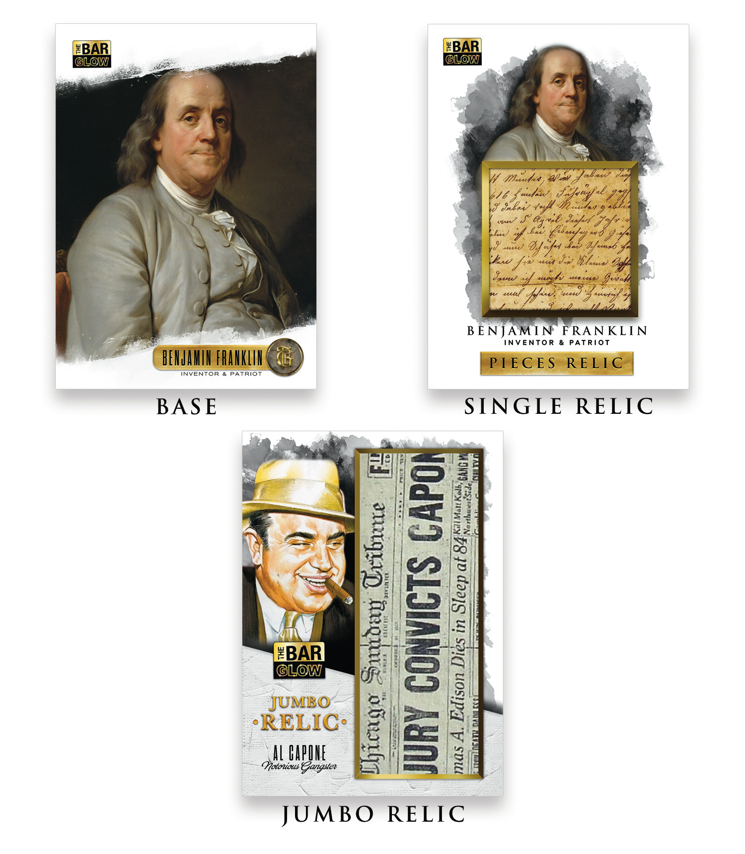 Three card tiers shown together and labelled base, single relic and jumbo relic, the jumbo card featuring Al Capone