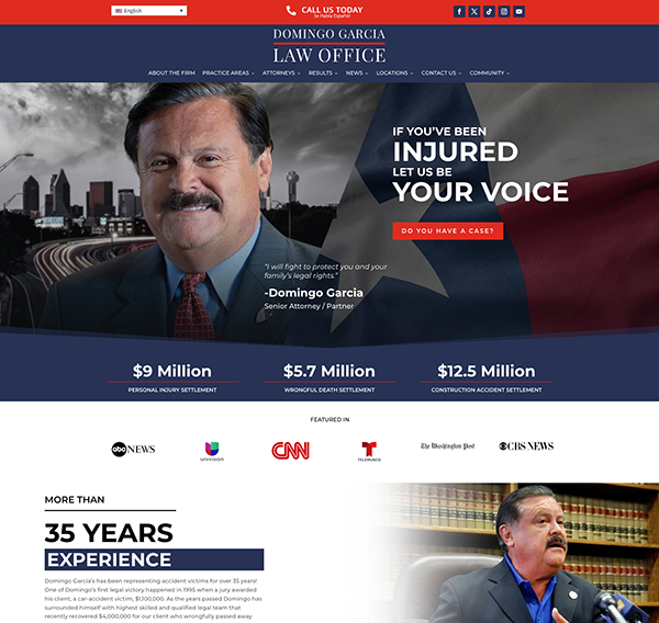 Home page of the rebuilt firm website: attorney portrait over a Houston skyline with the headline 'If you've been injured let us be your voice', three settlement figures, and a row of press logos