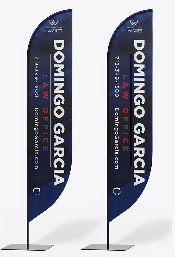 Two navy feather flags printed with the firm name, phone number and web address
