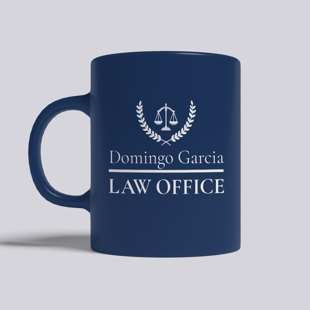 Navy ceramic mug printed with the firm's scales-of-justice logo and the words 'Domingo Garcia Law Office'