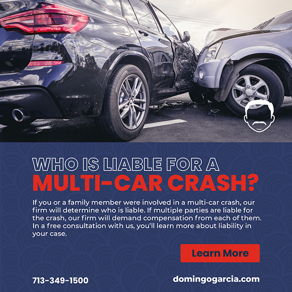 Paid social advertisement showing a rear-end collision between two cars, headlined 'Who is liable for a multi-car crash?' with a Learn More button and the firm's phone number