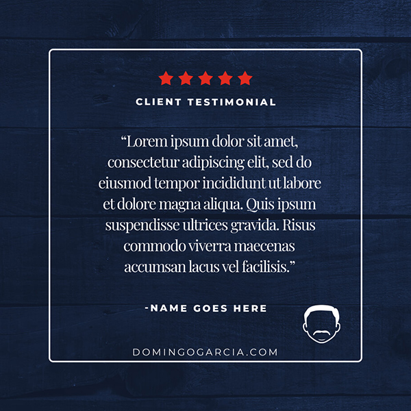 Client testimonial social template on a dark navy panel with a five-star rating, a placeholder quote and the firm's portrait mark