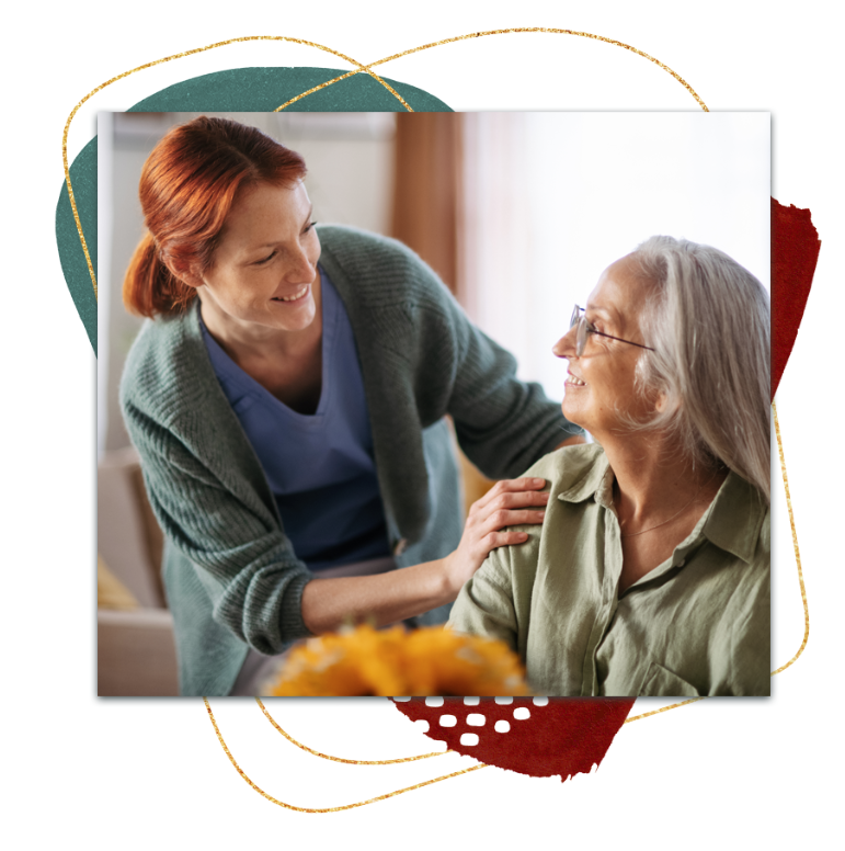 Brand collage: a caregiver leaning in to speak with an older woman, framed by hand-drawn gold arcs over green and maroon shapes