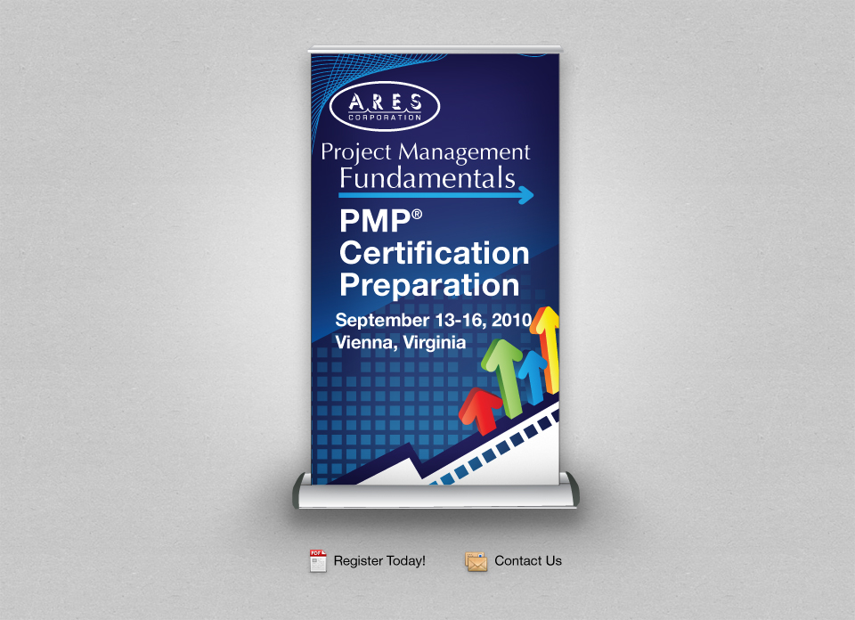 Retractable banner stand for a PMP certification preparation course, with event dates and venue