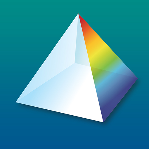 The PRISM pyramid icon on teal, its faces catching a full spectrum along one edge