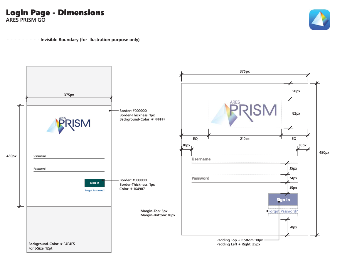Login page specification drawing, dimensioned in pixels with border, colour and margin values called out