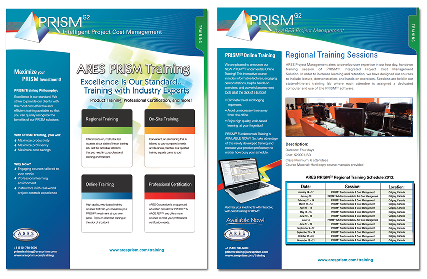 Two ARES PRISM training datasheets covering the certification programme and regional training sessions