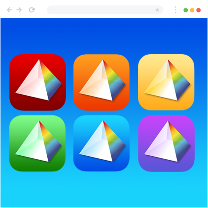 Six PRISM module icons on a cyan ground, each a spectrum-lit pyramid on a differently coloured rounded tile