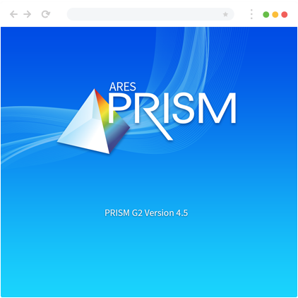 PRISM G2 version 4.5 software splash screen: the spectrum pyramid and wordmark over a blue light-streak background