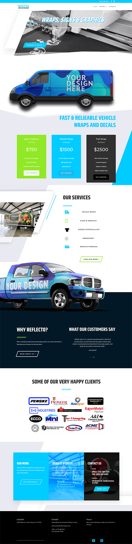 Full-length view of the Reflecto Signs site, running from the vehicle-wrap hero through services and client logos to the footer