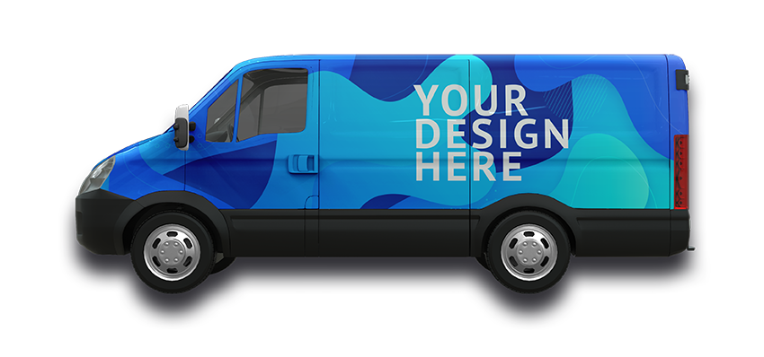 Mockup of a panel van in a blue wrap reading 'Your design here', used to preview client artwork