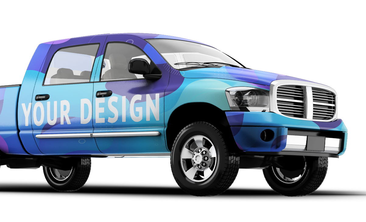 Mockup of a crew-cab pickup in a blue and purple wrap reading 'Your design', used to preview client artwork