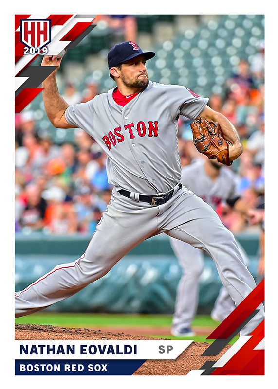 Base card of pitcher Nathan Eovaldi in his delivery, with red and white diagonal framing and a Boston Red Sox nameplate