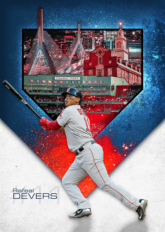 Stadium Series card of Rafael Devers following through on a swing, framed by a home-plate shape holding a red and blue Boston skyline