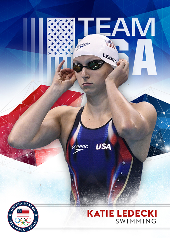 Team USA card of swimmer Katie Ledecky adjusting her cap, on a stars-and-stripes ground with an Olympic roundel