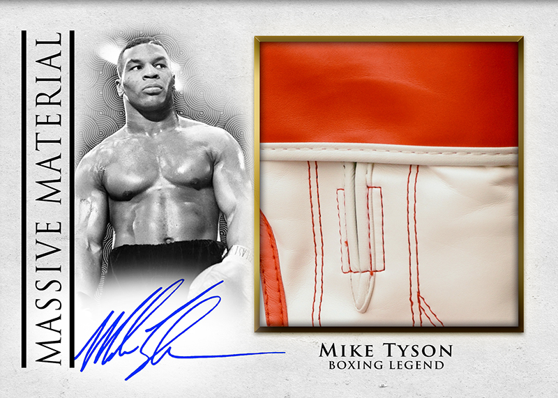 'Massive Material' relic card of Mike Tyson beside an oversized glove swatch, with an on-card autograph