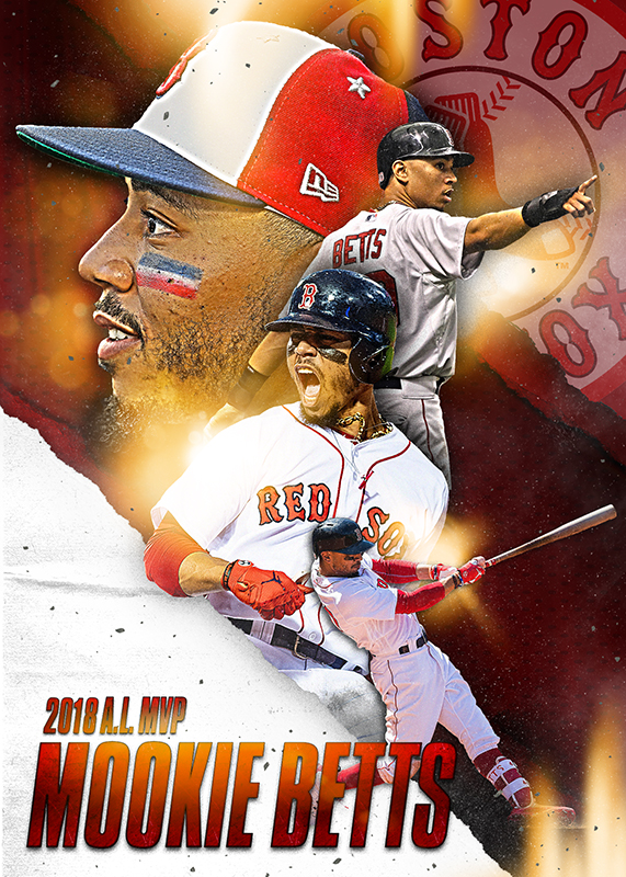 '2018 AL MVP' card of Mookie Betts, three action poses layered over a gold-lit Fenway backdrop