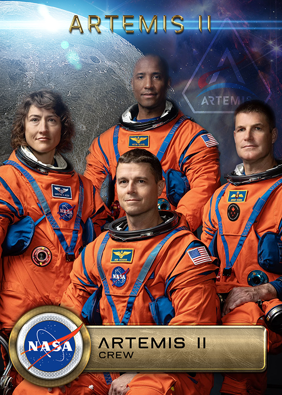 NASA Artemis II crew card: the four astronauts in orange flight suits above the mission wordmark and NASA insignia